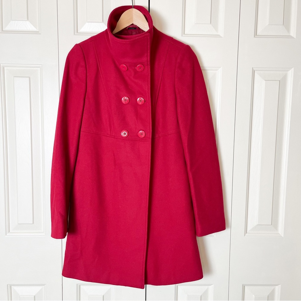 Benetton Italian Red Wool Double Breasted Pea Coat Jacket Women’s Size XS EUC